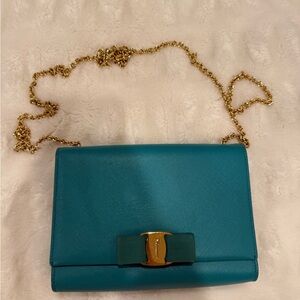 Salvatore Ferragamo Teal Clutch with Gold Chain